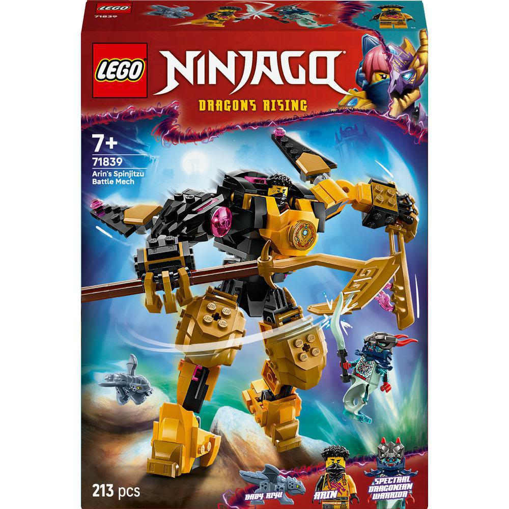 Lego Ninjago Set-Box mit einem gelb-schwarzen Mech, Minifiguren und einer Hintergrundszene.