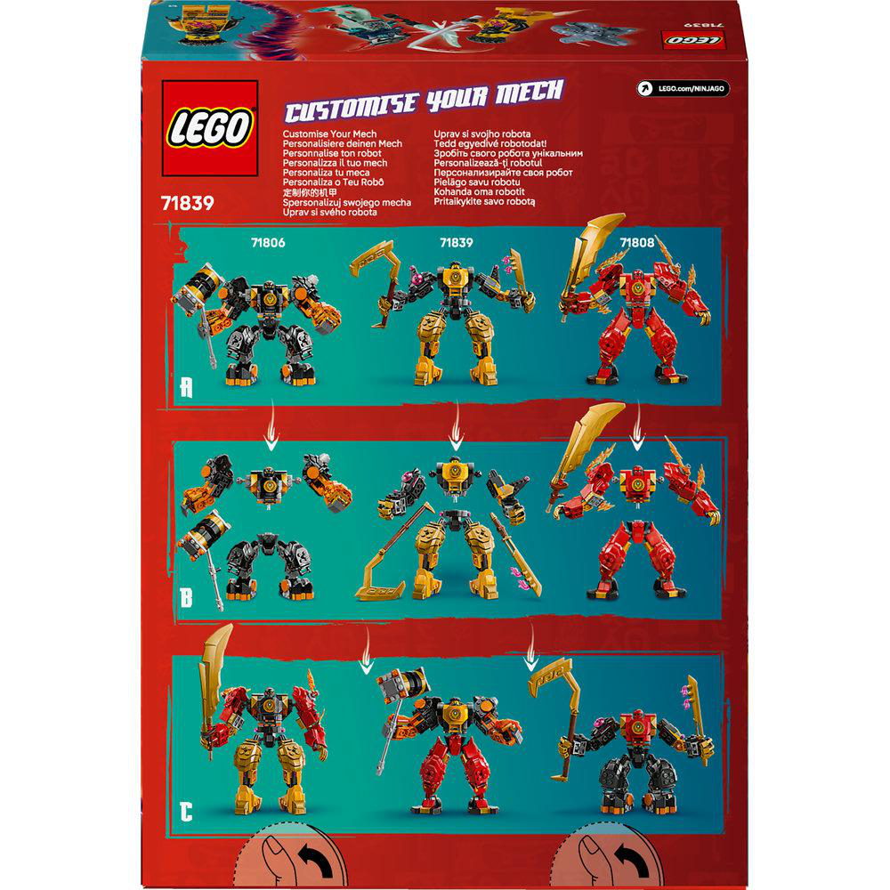 Rückseite einer Lego-Set-Box mit anpassbaren Mech-Modellen in verschiedenen Kombinationen.