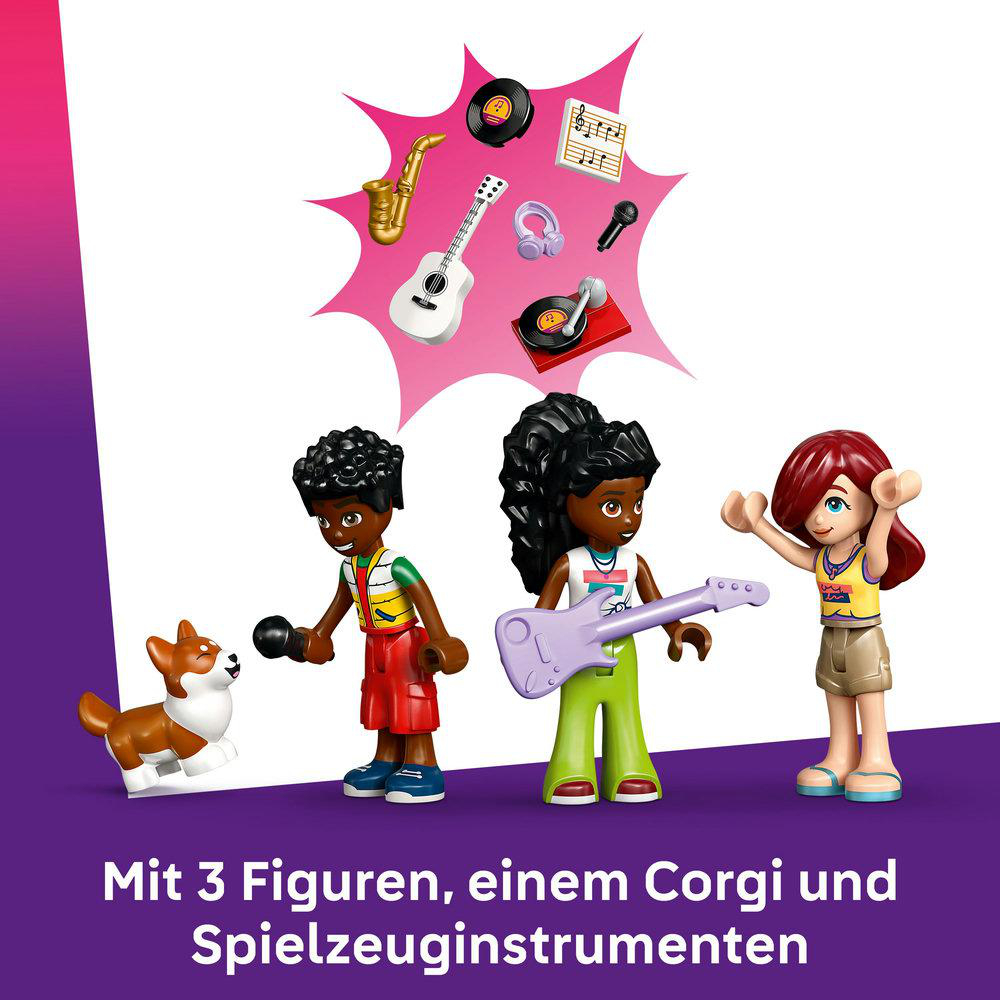 Lego Friends Figuren mit Musikinstrumenten. Enthält einen Corgi und eine Gitarre. Verschiedene Instrumente und Charaktere.