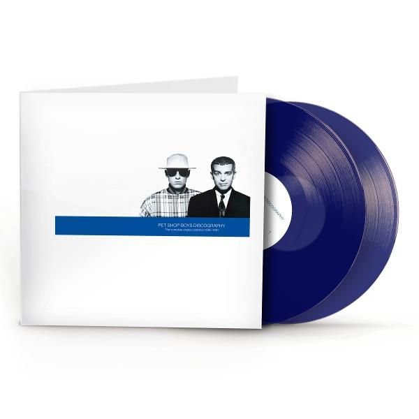 Pet Shop Boys Discography album borítója, két öltönyös férfival és kék bakelit lemezekkel.