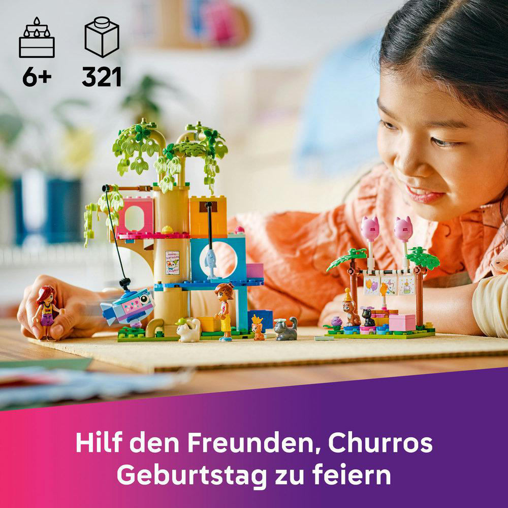 Lego Friends Set. Ein Mädchen mit Figuren und einer Katze. Eine Geburtstagsparty-Szene mit Baum und Dekorationen.