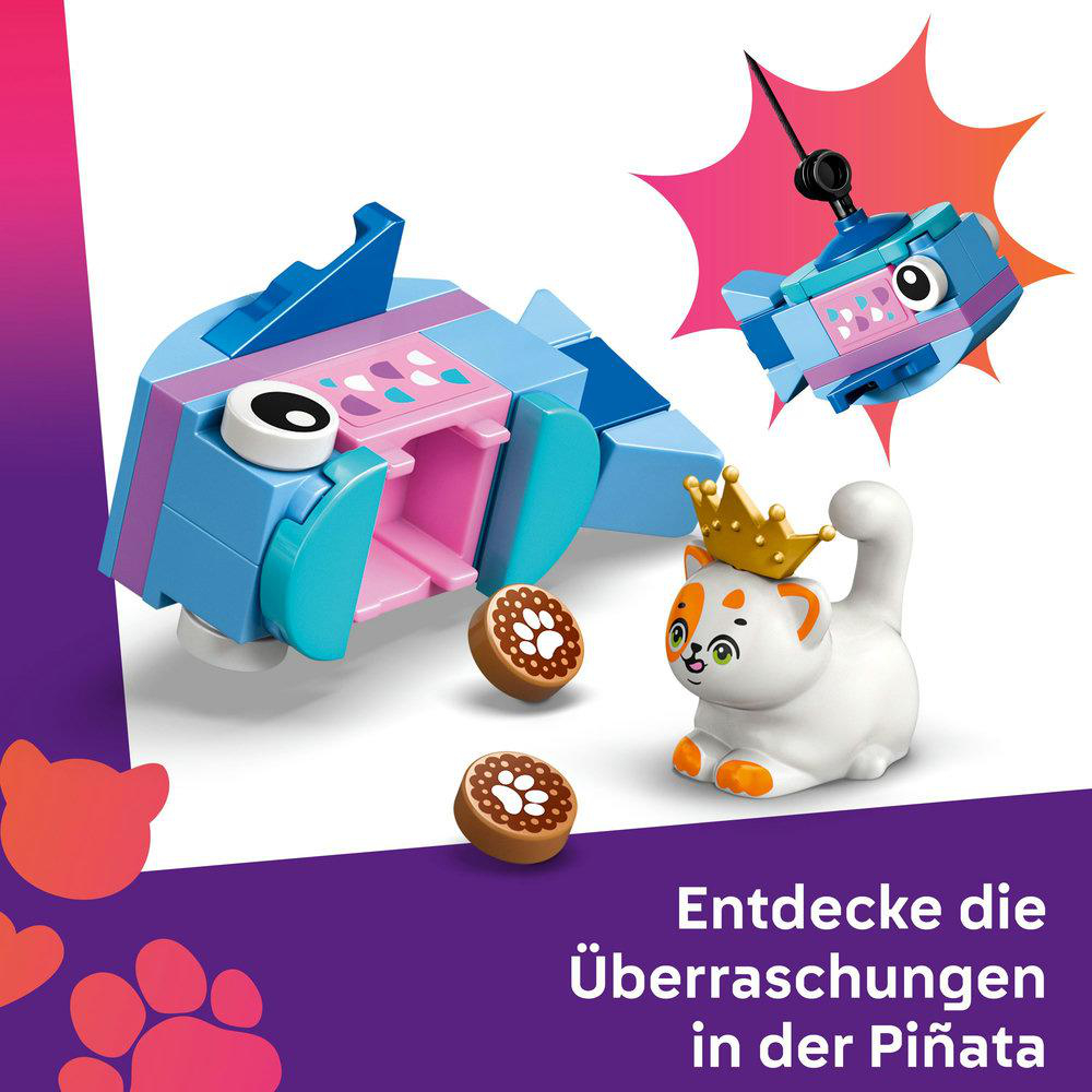 Lego-Set mit Figuren. Eine Katze mit Krone und ein Fisch. Piñata mit Leckereien. Blaue und rosa Farben.