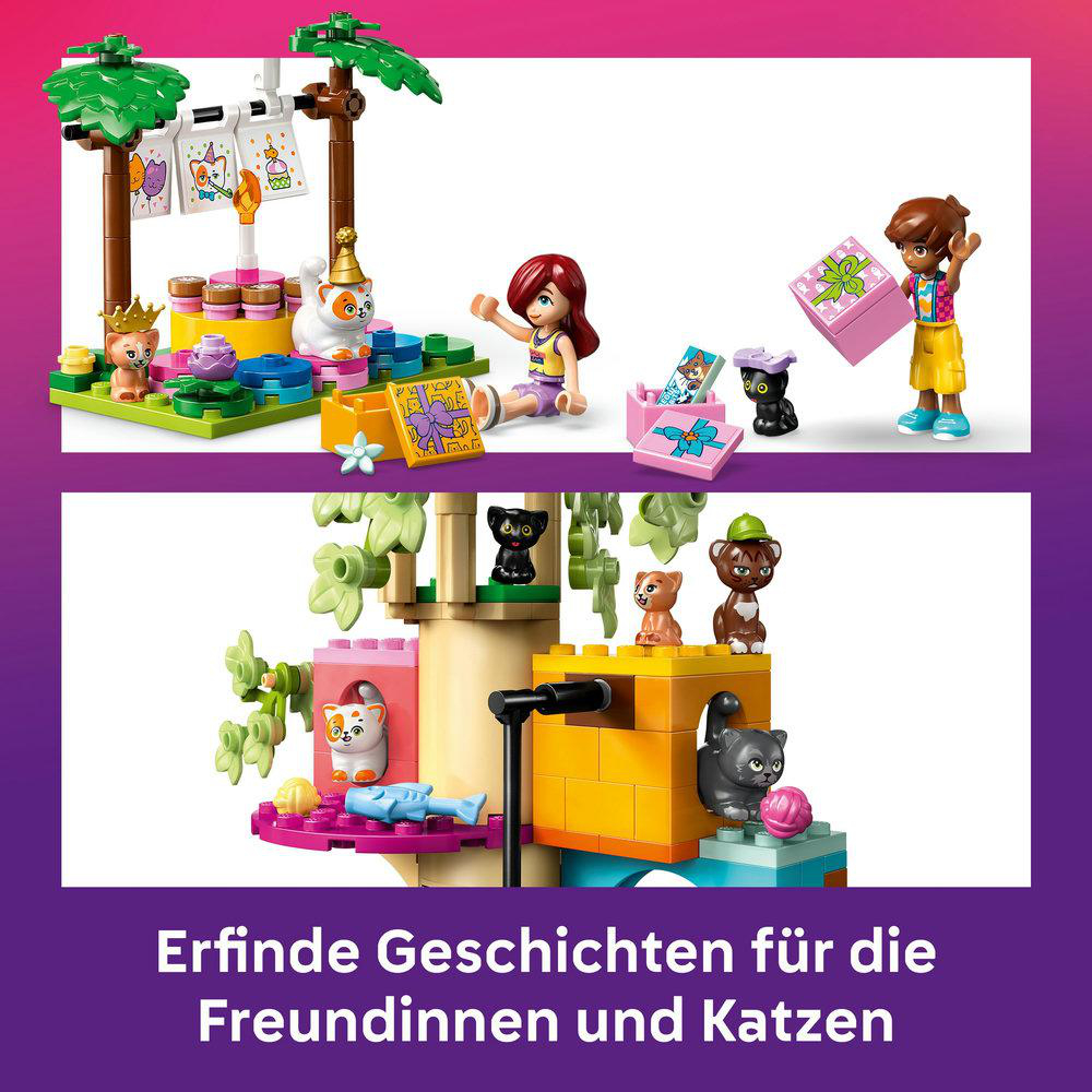 Lego Friends Set. Figuren mit Katzen. Szene mit Baum und Geschenken. Zwei Szenen mit Figuren und Katzen.