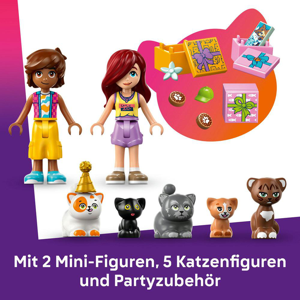 Lego Friends Figuren und Katzen. Zwei Mini-Figuren und fünf Katzenfiguren. Geschenke und Partyzubehör.