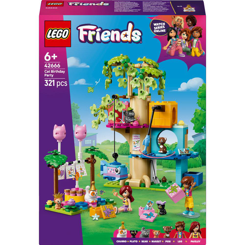 Lego Friends Box-Set. Zeigt das Set. Figuren, Baum, Gebäude und Zubehör. Katzen-Geburtstags-Party-Thema.