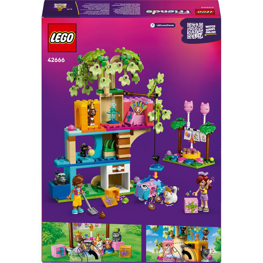 LEGO Friends Box mit Baumhaus, Minifiguren und Zubehör vor lila Hintergrund.