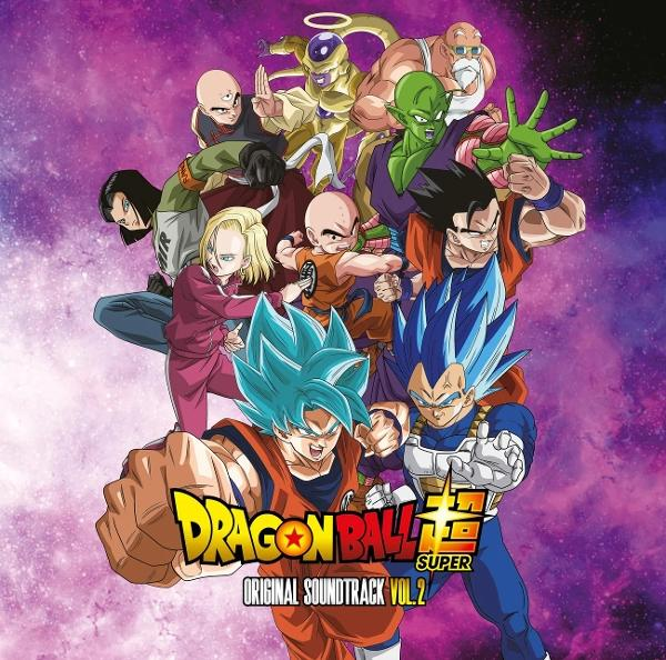 Dragon Ball Super Soundtrack Cover mit zahlreichen Charakteren in dynamischen Posen vor lila Himmel.