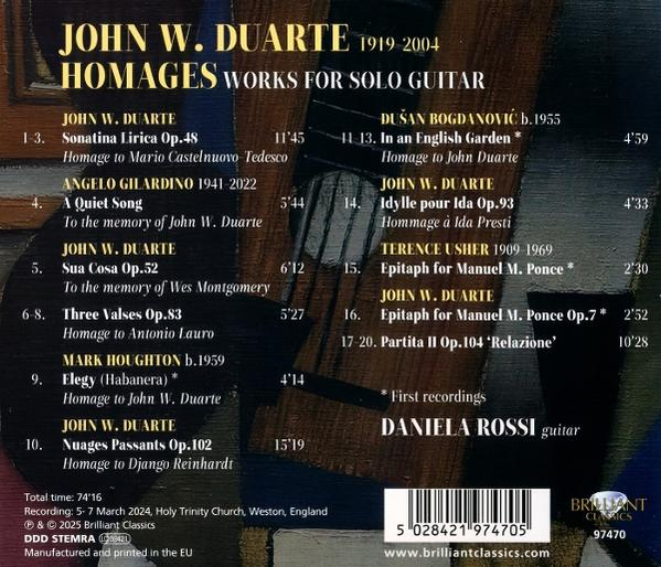John W. Duarte Homages Albumcover mit Titelliste und einem Gemäldehintergrund.