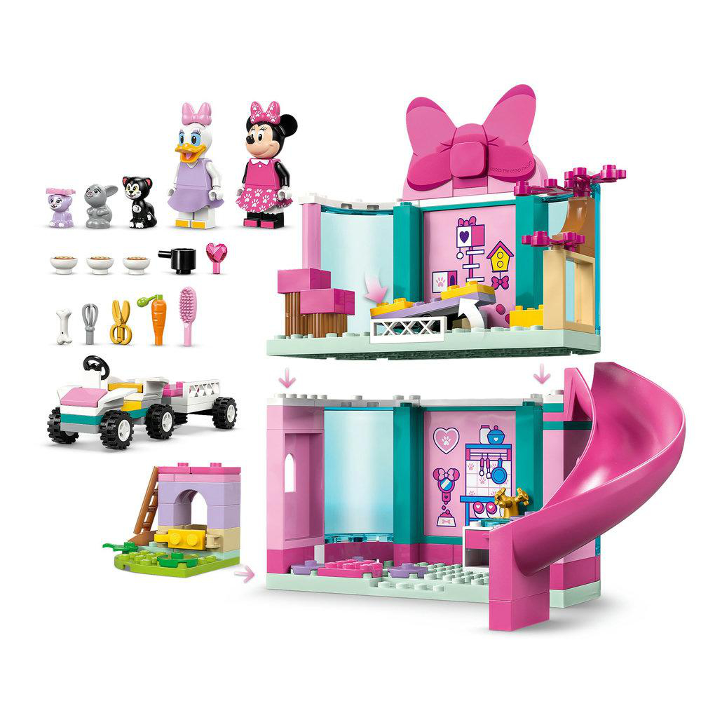 Ein Lego-Set mit Minnie Mouse-Figuren, einem Haus und einer rosa Rutsche.