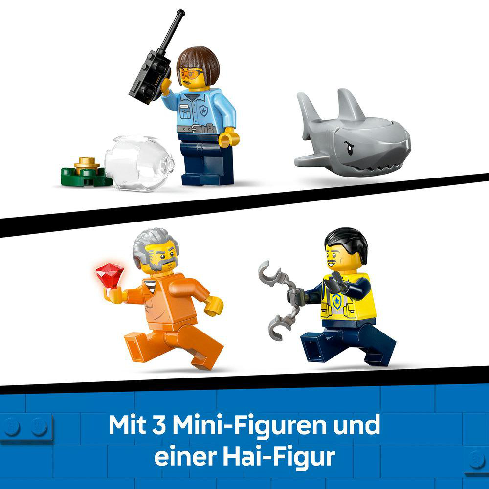 Lego Mini-Figuren: Polizist, Räuber und Hai. Zubehör: Walkie-Talkie.