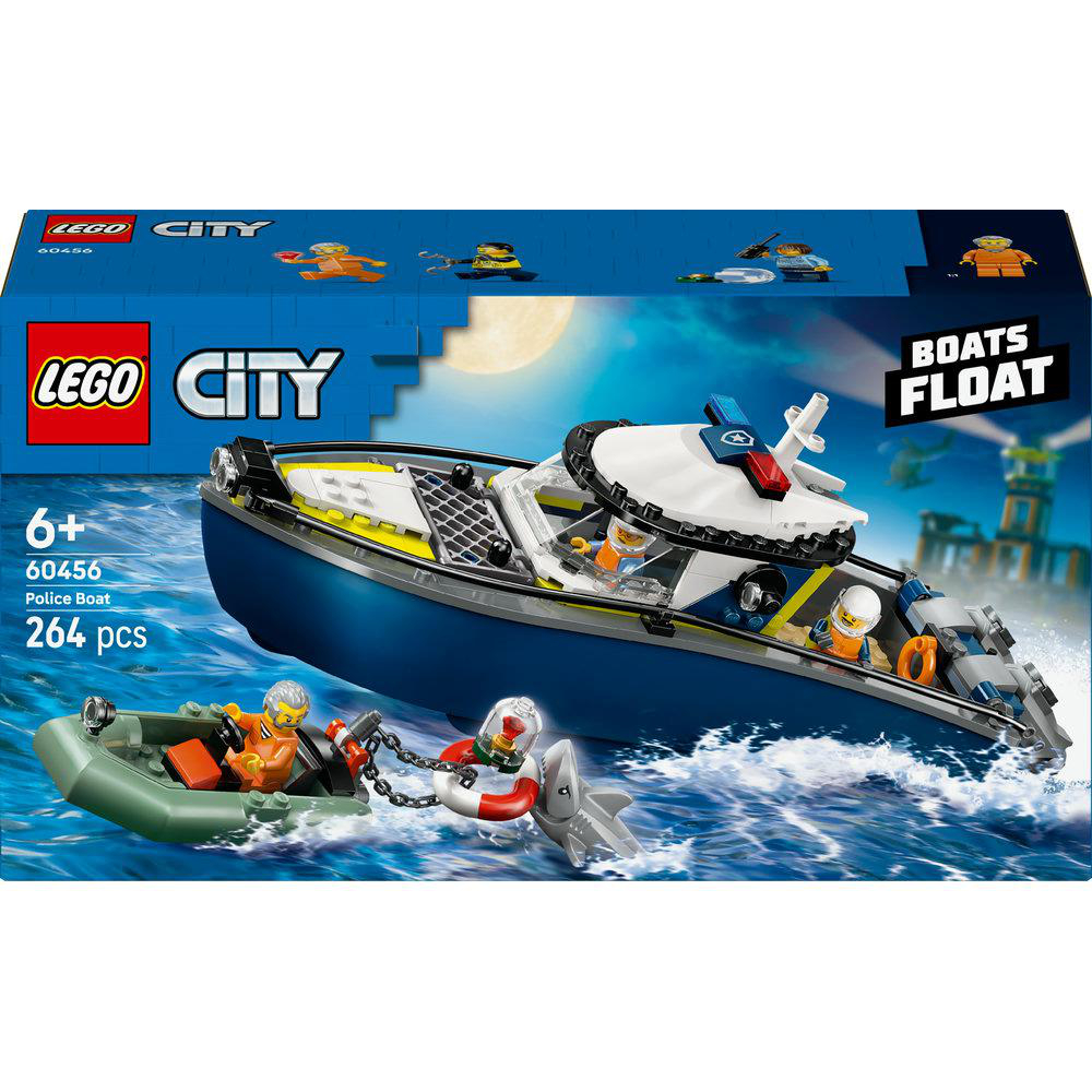 Lego City Polizeiboot-Box mit blauem Boot, Beiboot, Figuren, einem Hai und einer Rettungsboje.