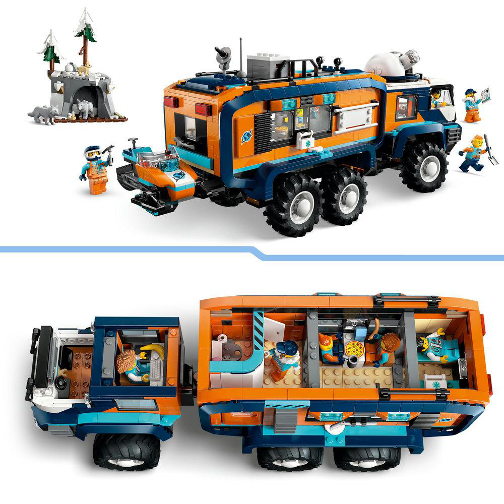 Lego Arctic Truck Set, das den Truck, Figuren, Schneemobil und eine Höhlenszene zeigt.
