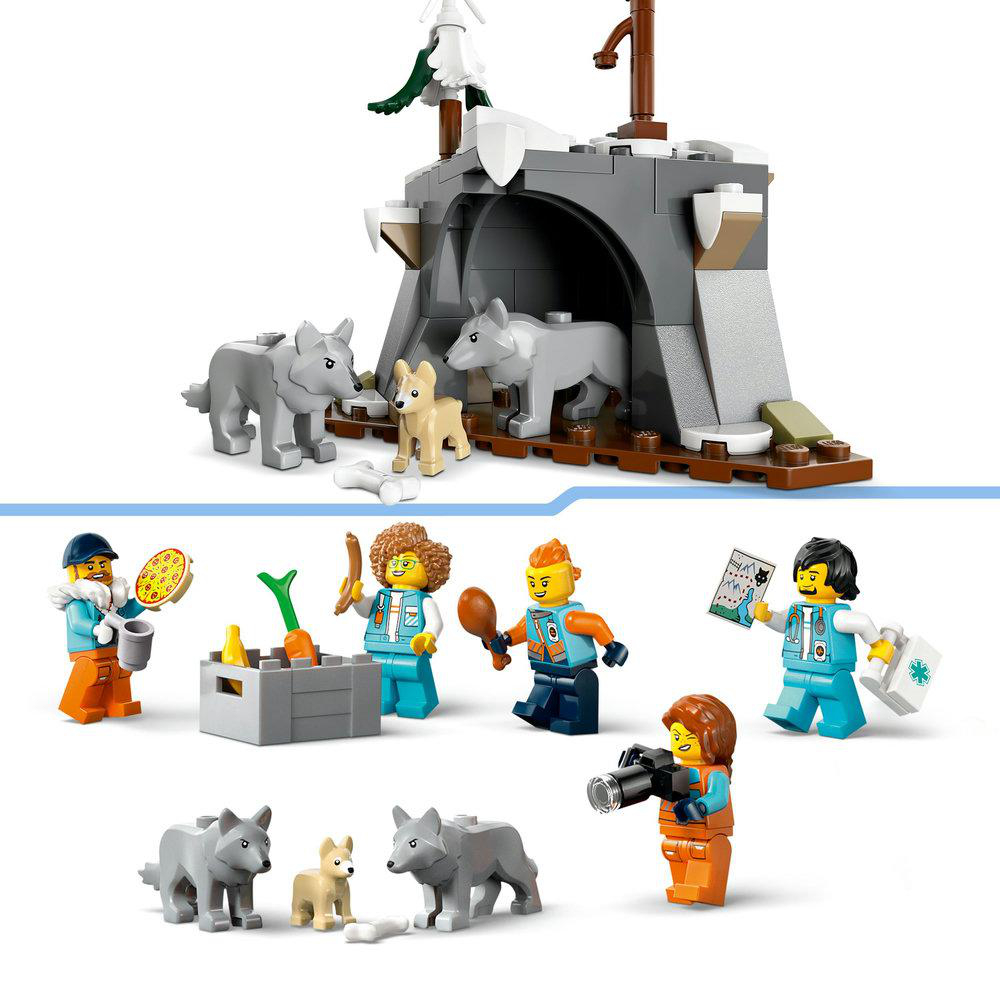 Lego Arctic Set mit Figuren, Wölfen und einer Höhlenszene. Inklusive Essenszubehör.