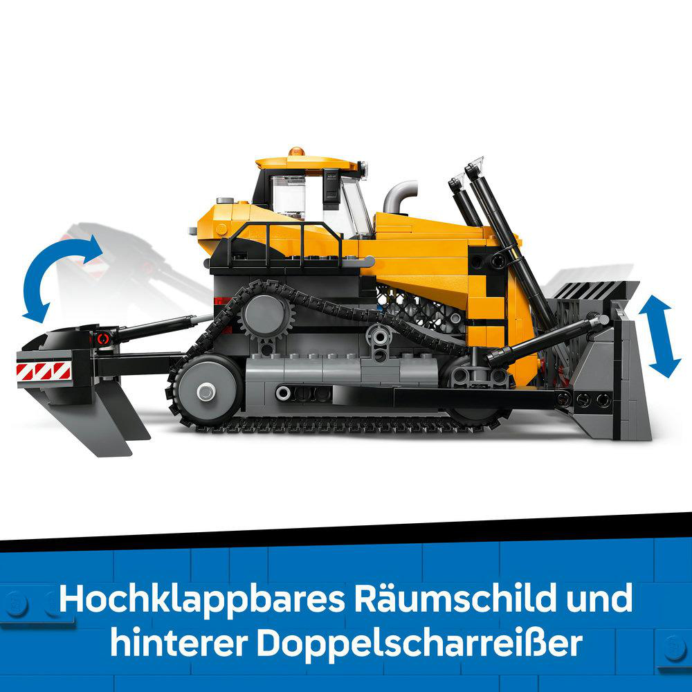 Ein Lego-Bulldozer-Set. Die Schaufel und der Heckreißer sind beweglich. Der Bulldozer ist gelb und grau. Weißer Hintergrund.