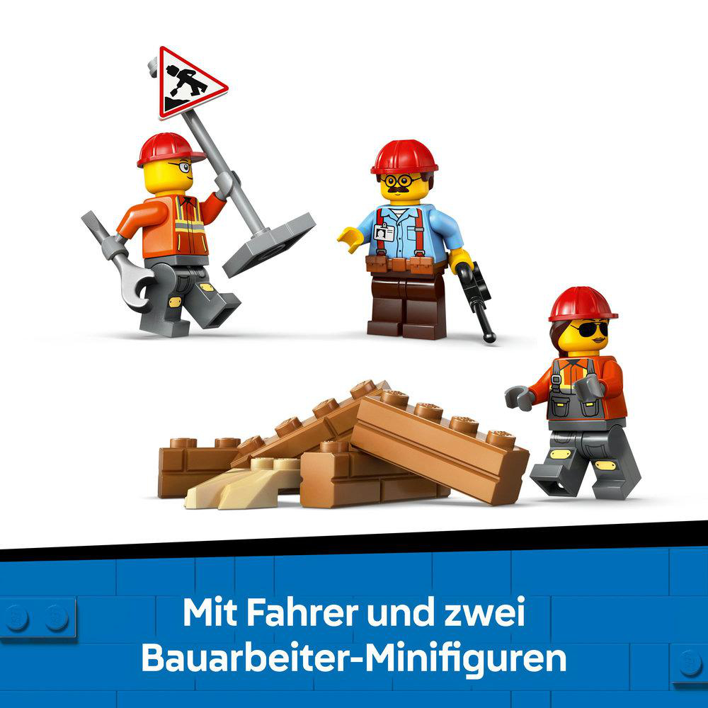 Drei Lego-Mini-Figuren: Ein Bauarbeiter, ein Fahrer und ein Arbeiter mit einem Schild. Ziegel liegen im Vordergrund. Weißer HG.