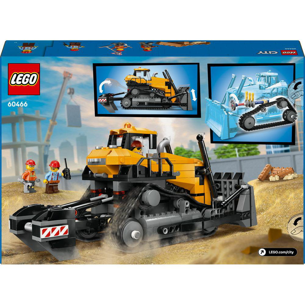 Die Rückseite der Lego City Bulldozer-Box. Sie zeigt einen gelben und grauen Bulldozer. Bauarbeiten sind im Hintergrund.
