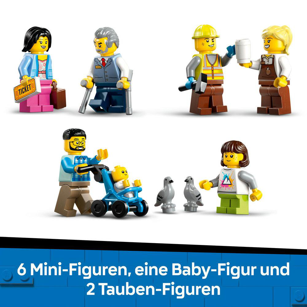 Lego Central Train Station Set mit 6 Minifiguren, einer Babyfigur und 2 Taubenfiguren.