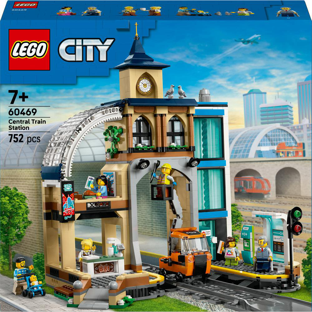 LEGO City Hauptbahnhof-Set. Mit Bahnhofsgebäude, Gleisen und Minifiguren.