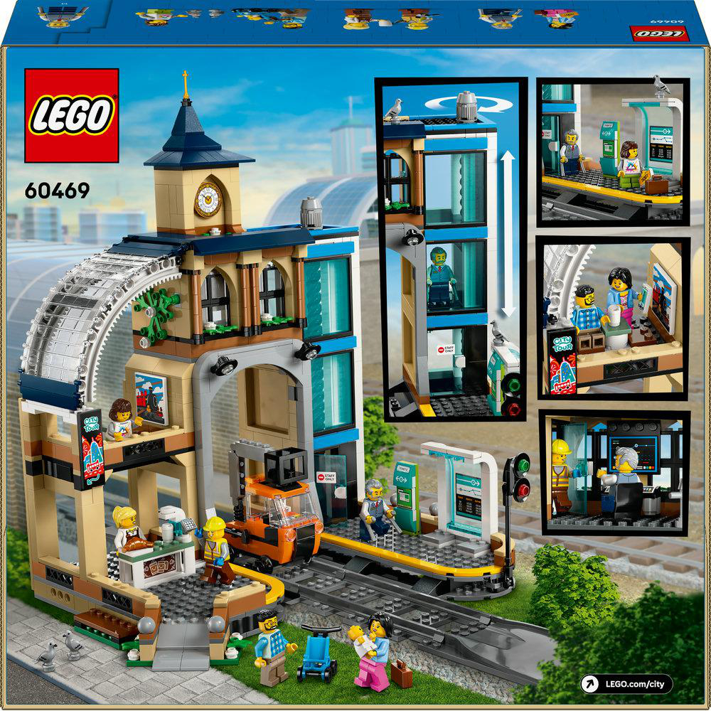Rückansicht der LEGO City Hauptbahnhof-Box, mit Bahnhof, Figuren und Gleisen.