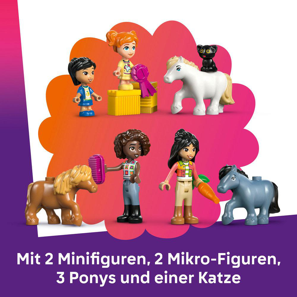 LEGO-Set mit Minifiguren, Ponys und einer Katze. Text: Mit 2 Minifiguren, 2 Mikrofiguren, 3 Ponys und einer Katze.