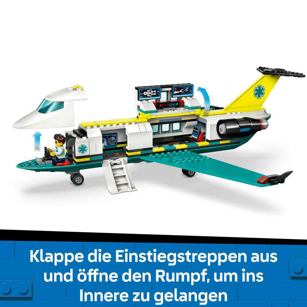 LEGO Air Ambulance Set mit Flugzeug. Text: Klappe die Einstiegstreppen aus und öffne den Rumpf, um ins Innere zu gelangen.