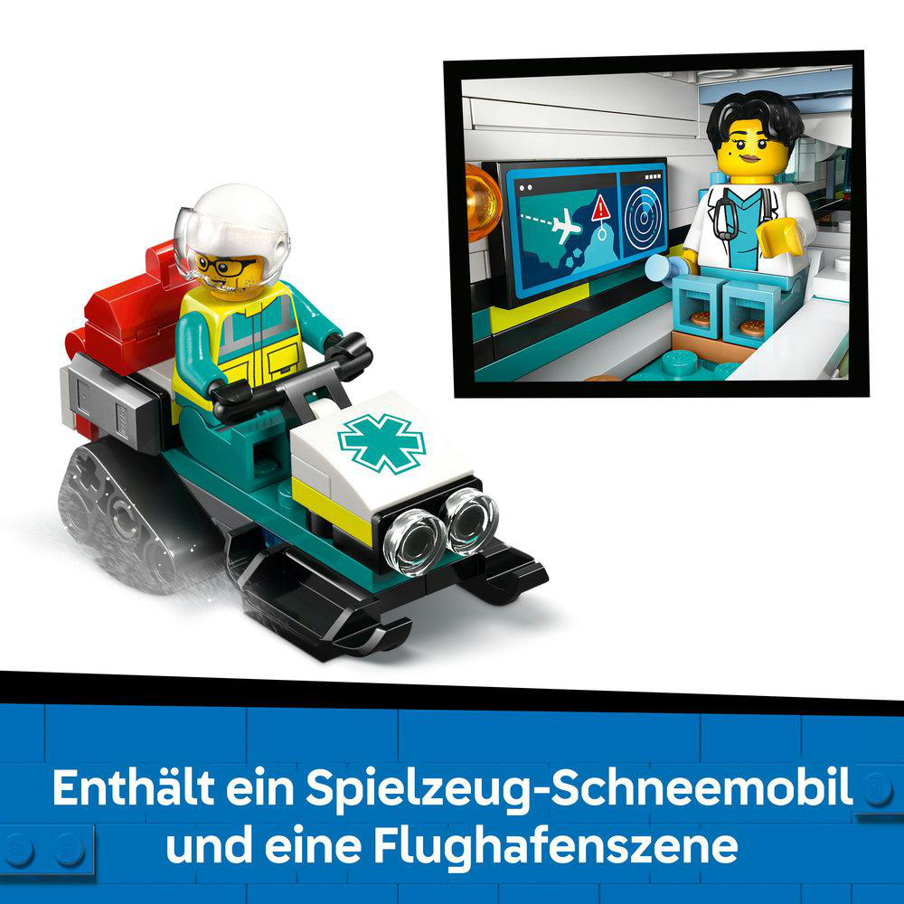 LEGO Air Ambulance Set mit Schneemobil. Text: Enthält ein Spielzeug-Schneemobil und eine Flughafenszene.