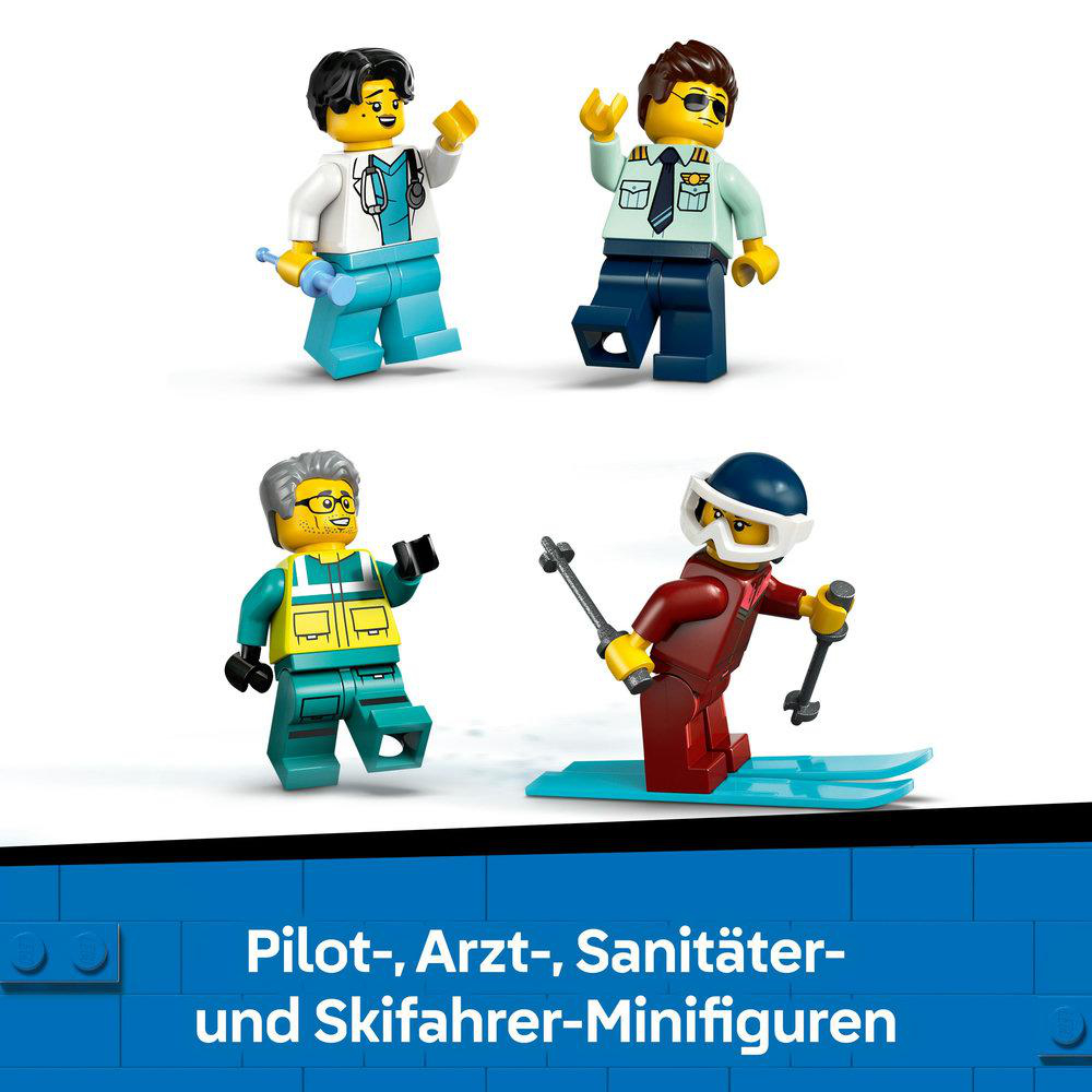 LEGO Air Ambulance Set mit Minifiguren. Text: Pilot-, Arzt-, Sanitäter- und Skifahrer-Minifiguren.