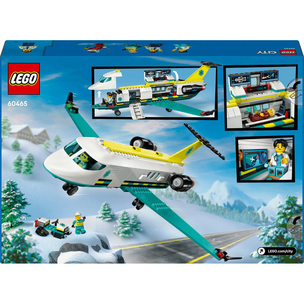 Lego City Set. Ein Krankenwagen-Flugzeug im Flug, mit Details des Innenraums. Ein Berg-Hintergrund.