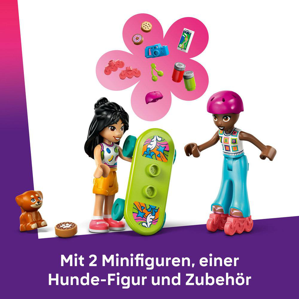Lego Friends Set. Zwei Mini-Puppen, ein Skateboard und ein Hund. Verschiedenes Zubehör wie Kekse und eine Kamera.