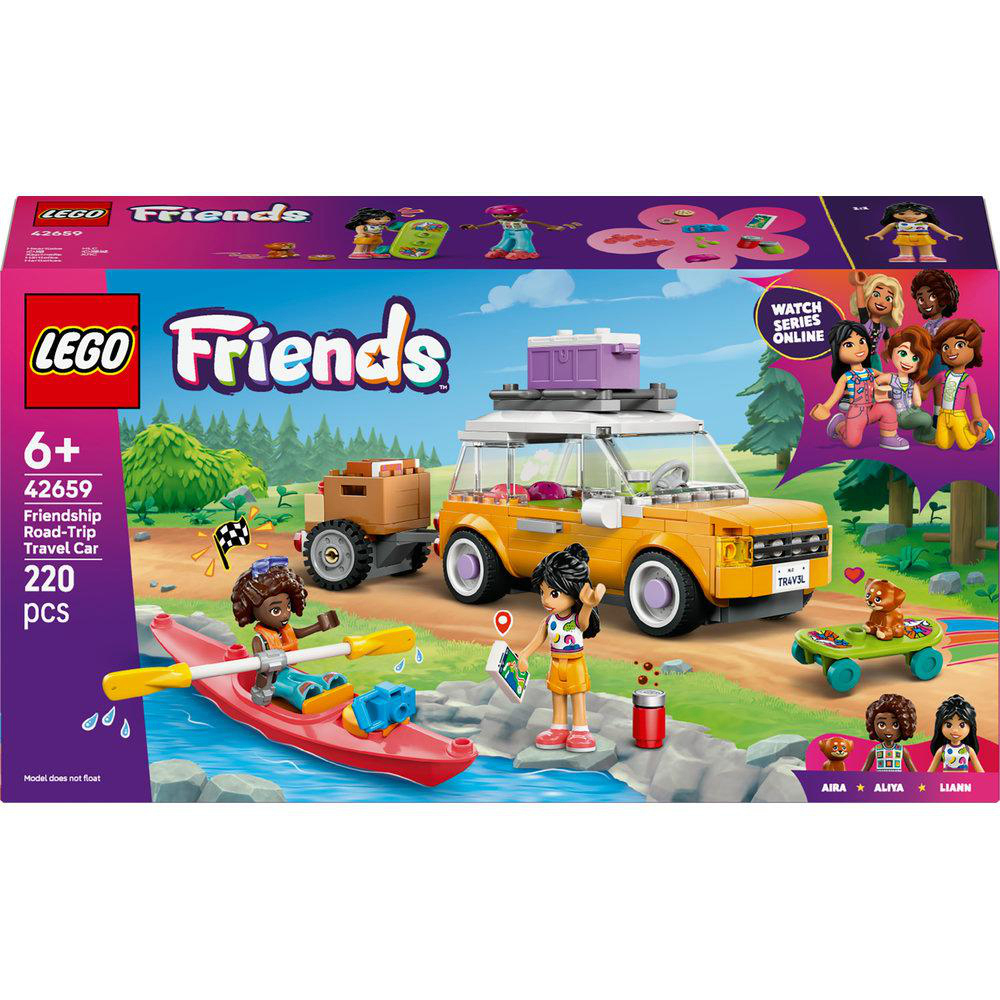LEGO Friends Freundschafts-Roadtrip-Set. Ein orangefarbenes Auto mit Anhänger, Minifiguren und Kajaks sind im Bild.