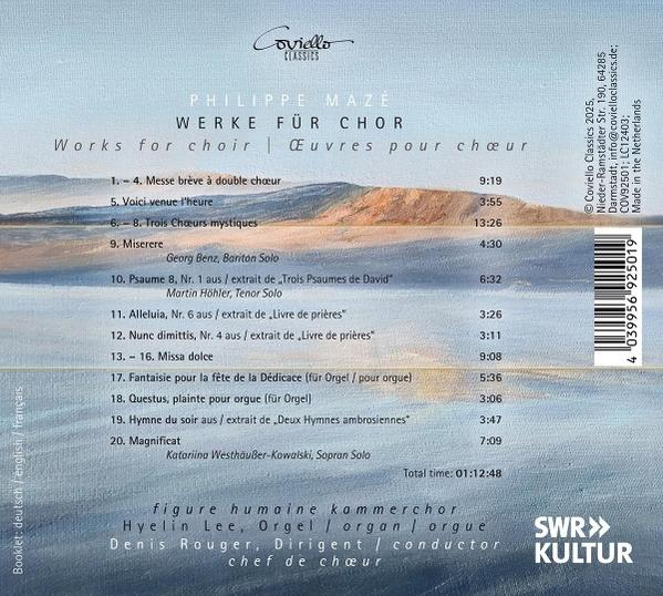 Albumcover mit blauem Text, Noten und Details. Titel: 'Werke für Chor' von Philippe Mazé.