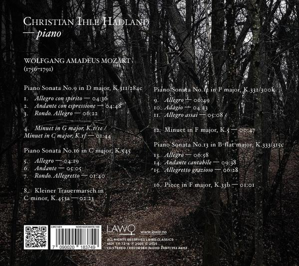 CD-Cover: Titelliste von Mozarts Klaviersonaten. Text: Klaviersonate Nr. 9, Klaviersonate Nr. 12 und Klaviersonate Nr. 13.
