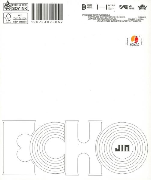 Album-Rückseite. Weißer Hintergrund mit dem Wort ECHO in großen Umrissbuchstaben und dem Namen JIN in einem Kreis.