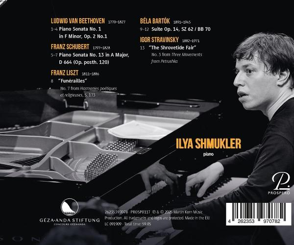 Rückseite des Albums mit einem Pianisten und Titelliste. Text: Ilja Schmukler.