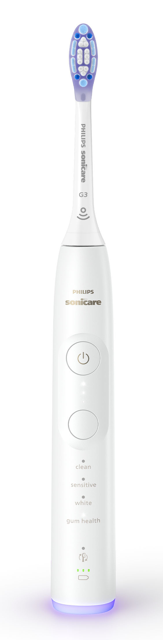 Biała szczoteczka Philips Sonicare z przyciskami do trybów czyszczenia, wrażliwego, wybielania i zdrowia dziąseł.