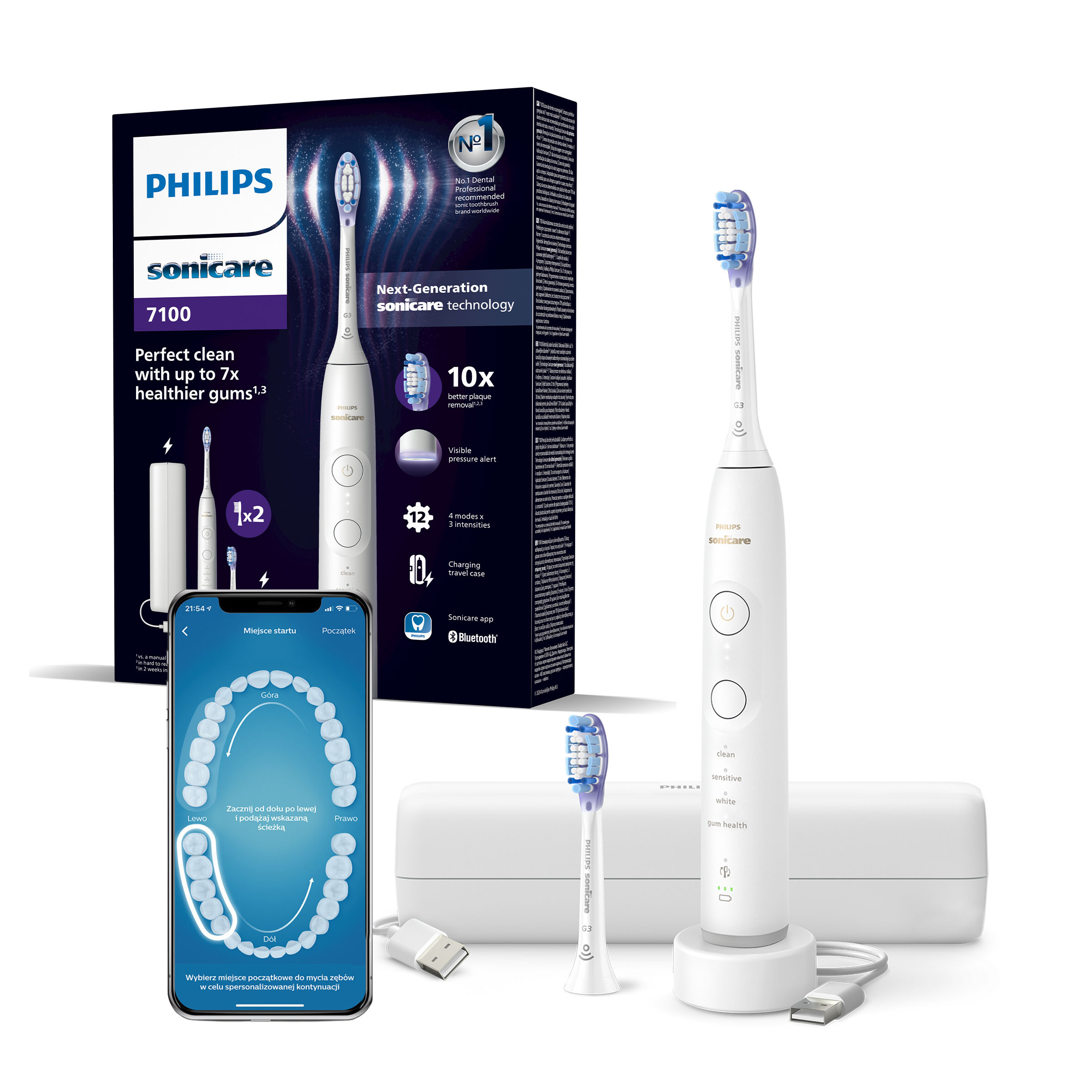 Pudełko szczoteczki Philips Sonicare z telefonem wyświetlającym aplikację oraz stacją ładującą z dwiema końcówkami.