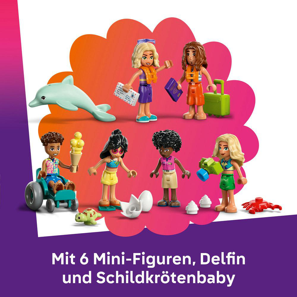 Ein Lego-Set mit Figuren und einem Delfin. Die Figuren sind an einem Strand.
