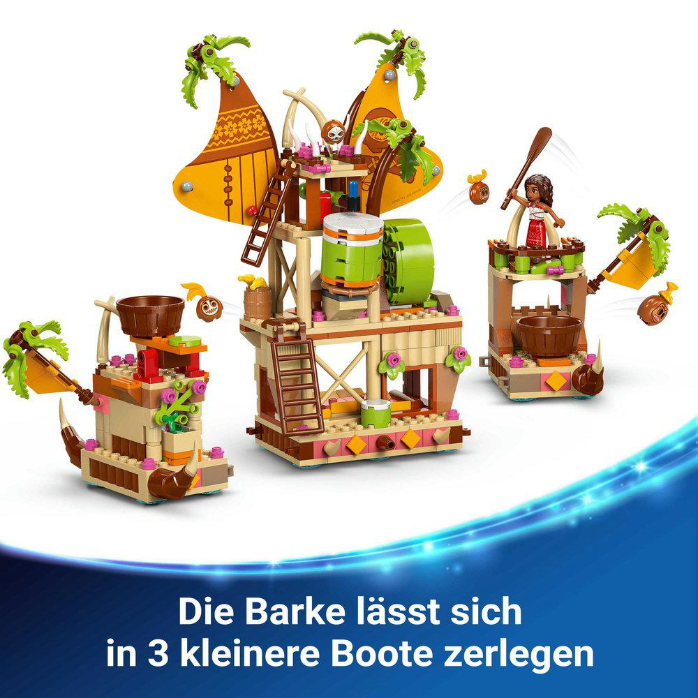 Drei Lego Moana Boote Sets, die verschiedene Bootsdesigns mit Figuren und Strukturen zeigen.