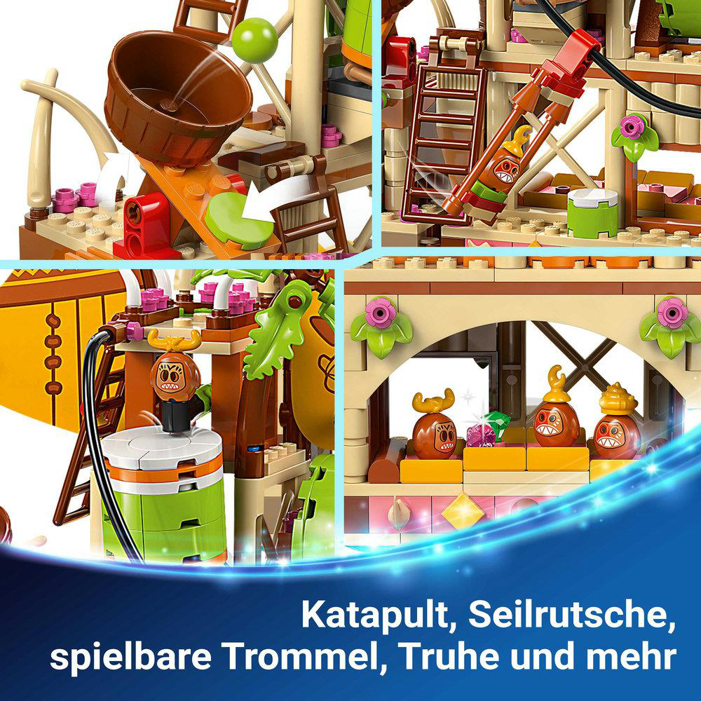 Nahaufnahme Lego Moana Set Details: Katapult, Seilrutsche, Trommel, Truhe und weitere Spielelemente.