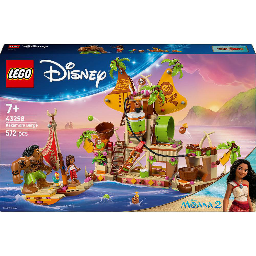 Lego Disney Moana Set Box mit Boot, Figuren und Strukturen auf einem Strandhintergrund.