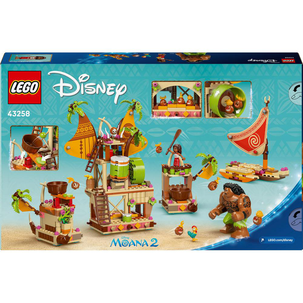Lego Disney Moana Set Box Rückseite mit verschiedenen Bootsdesigns, Figuren und Strukturen.