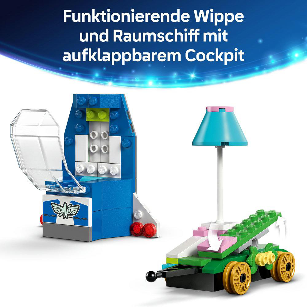 Lego-Set mit Raumschiff und Wippe, mit einem blauen Raumschiff mit offenem Cockpit.