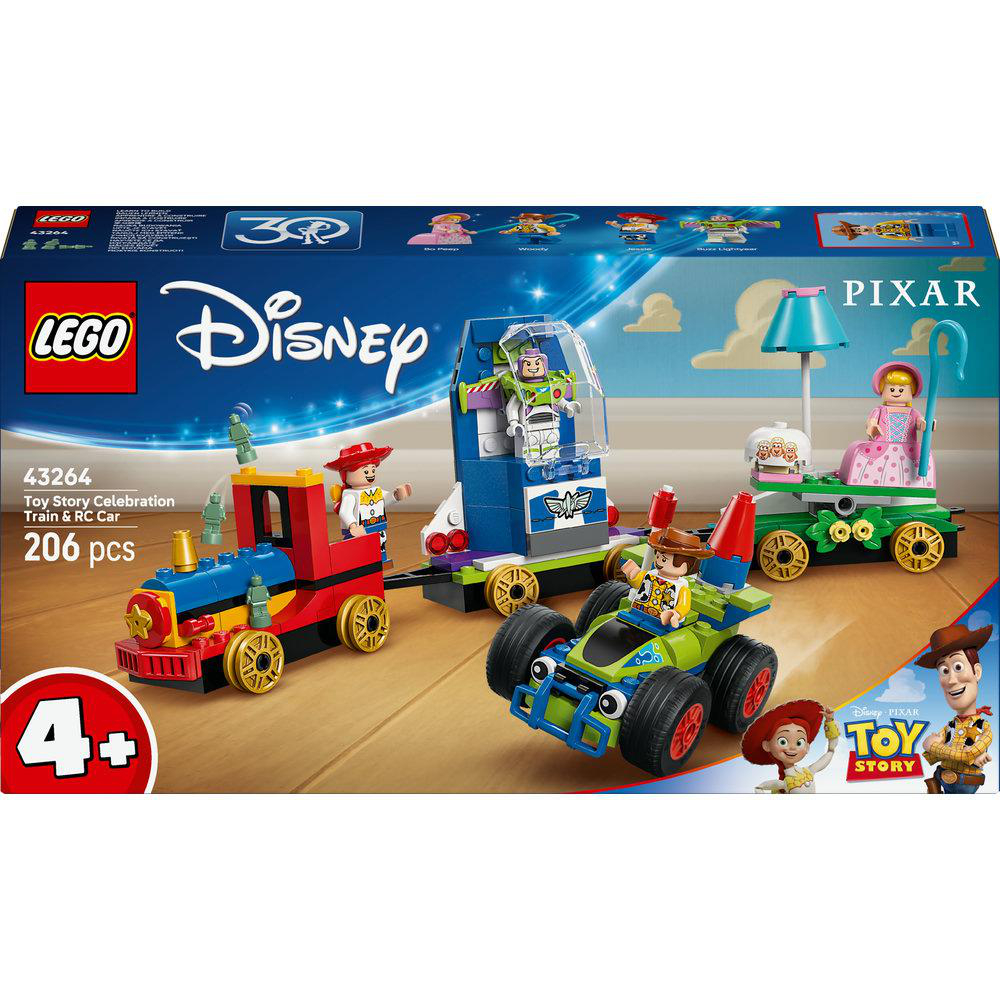 Lego Toy Story Zug Set mit Figuren und einem blauen Raketenauto. Enthält Zug und Wagen.