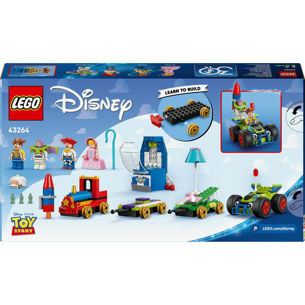 Lego Toy Story Set Box Rückseite, zeigt den Zug, das Raketenauto und Figuren. Inklusive Anleitung.