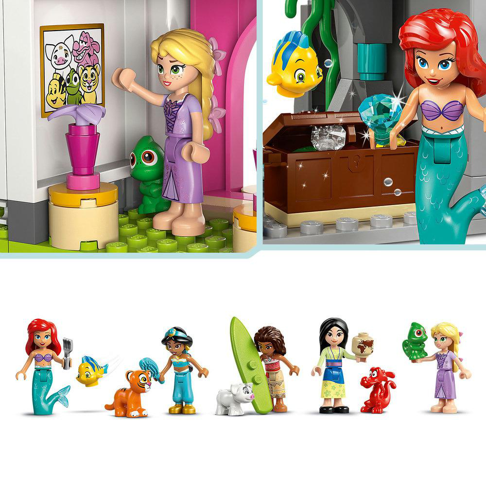 Nahaufnahmen von LEGO Disney Prinzessinnenfiguren und Zubehör. Beinhaltet Arielle, Rapunzel und verschiedene Elemente.