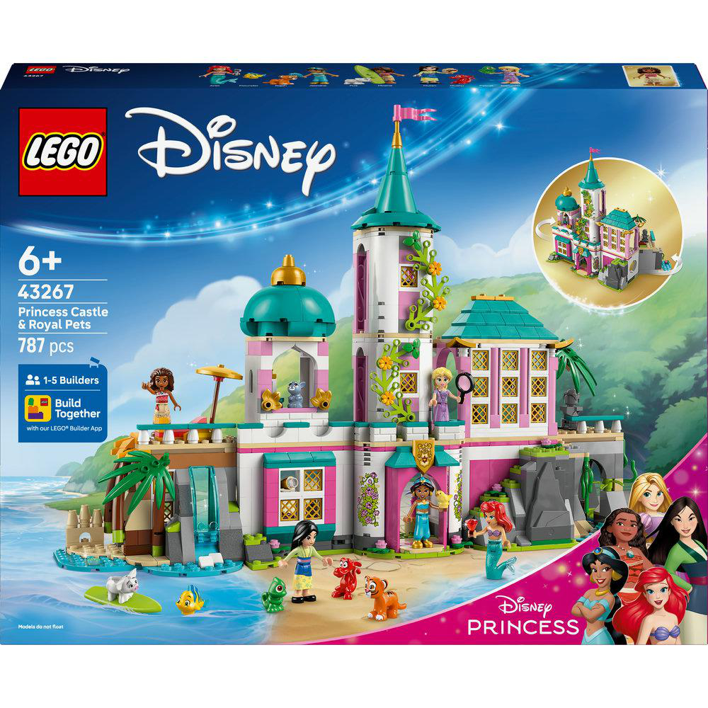 LEGO Disney Prinzessinnen Schloss Set-Box. Zeigt das Schlossmodell, Figuren und Disney Prinzessinnen Branding.