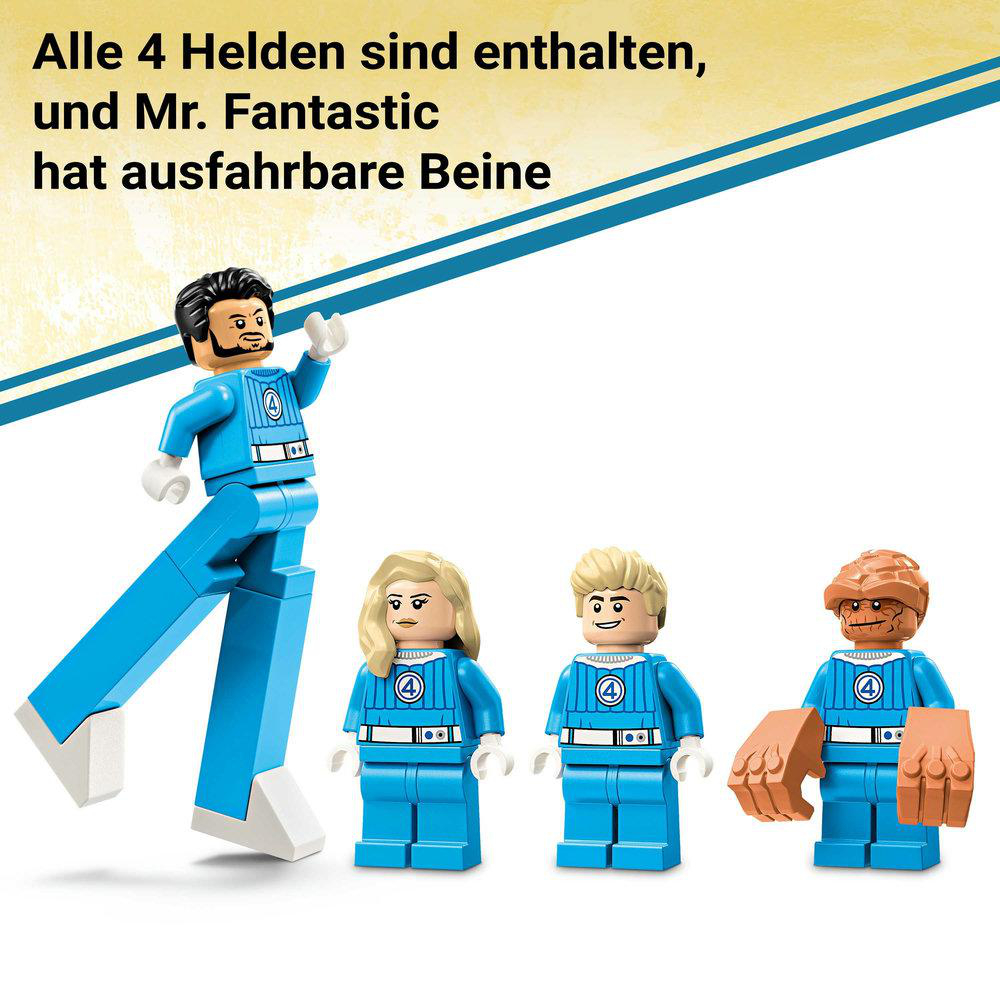 Lego Fantastic Four Figuren: Mr. Fantastic mit ausfahrbaren Beinen, Invisible Woman, Human Torch und Thing.