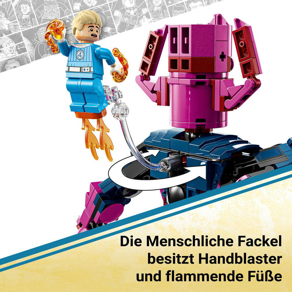 Human Torch Lego Figur mit Flammeneffekten und Galactus Lego Figur mit drehbarem Arm.