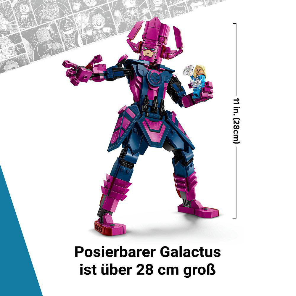 Galactus Lego Figur, über 28 cm groß, mit detailliertem Design und einer Miniatur Invisible Woman Figur.
