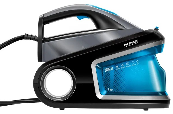 Żelazko w czarno-niebieskim wzorze.